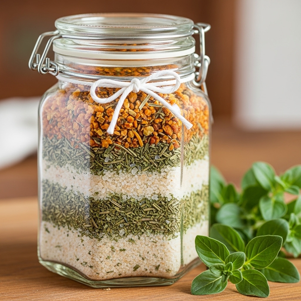 A clear glass jar with six flat sides filled with a mix of coarse salt and dried herbs is shown. The mixture inside has three visible layers: the bottom and middle layer is mostly pale cream salt with green herb bits scattered throughout, and the top layer contains more dense orange herb pieces mixed with salt. The jar is sealed with a metal lid and has a white string tied around its neck in a simple bow. The jar sits on a wooden surface with green sprigs of fresh herbs placed to the right side. The background is softly blurred with a warm tone. photo taken with an iphone --ar 4:5 --v 7