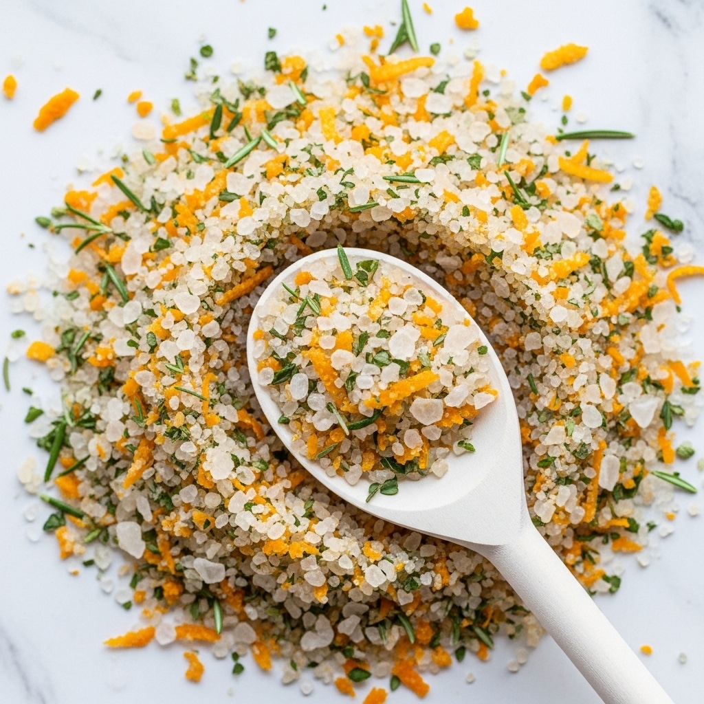 The image shows a close-up of a white wooden spoon resting on a mound of coarse salt mixed with finely shredded orange zest and small green herb pieces. The salt crystals are large and translucent, creating a grainy texture, while the orange zest adds bright splashes of color scattered evenly throughout. The green herb bits are also spread lightly in the mixture, adding a hint of freshness. The background surface is a white marbled texture, adding a clean and natural look. The overall image highlights the rough, grainy quality of the salt and the vibrant, natural colors of the zest and herbs, with the spoon partly buried in the mixture. photo taken with an iphone --ar 4:5 --v 7