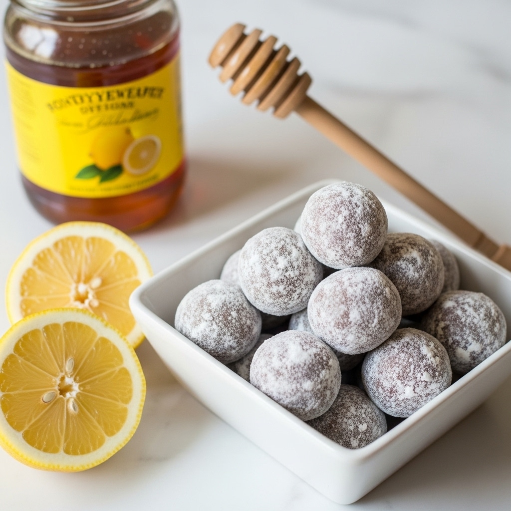 The image shows a white square bowl filled with eight shiny, dark brown round candies that have a smooth, glossy surface. The candies are slightly translucent with a rich amber color at the edges. The bowl is placed on a light wooden cutting board with a white marbled texture background. To the left, there is a half-cut lemon showing its pale yellow inside, and on the right, a wooden honey dipper lies above the bowl. The whole scene has a simple, clean, and natural look. photo taken with an iphone --ar 4:5 --v 7