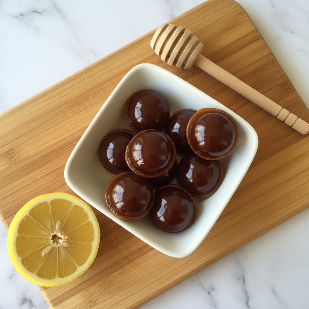 A white square bowl filled with about a dozen round, dark brown candies lightly covered with white powder, stacked unevenly inside. To the left, there are two lemon halves with bright yellow rind and pale yellow flesh, positioned on a white marbled surface. Behind the bowl, a wooden honey dipper lies diagonally, partially resting next to a jar of amber-colored honey with a yellow label. The scene is softly lit, focusing on the textures of the candies and the fresh lemons. photo taken with an iphone --ar 4:5 --v 7