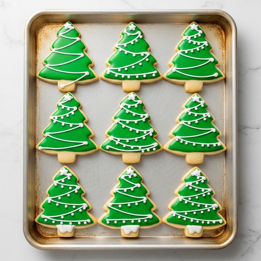 The image shows nine Christmas tree-shaped sugar cookies arranged in three rows on a metal baking sheet. Each cookie has two layers: a base layer of light golden-brown cookie dough and a thick green icing covering the tree shape, with tiny white dots giving texture to the green layer. Over the green icing, delicate white icing lines and swirls form garlands and decorative patterns, adding detail and contrast. The cookie trunks have a small layer of white icing at the base, resembling snow. The background is a white marbled surface. photo taken with an iphone --ar 4:5 --v 7
