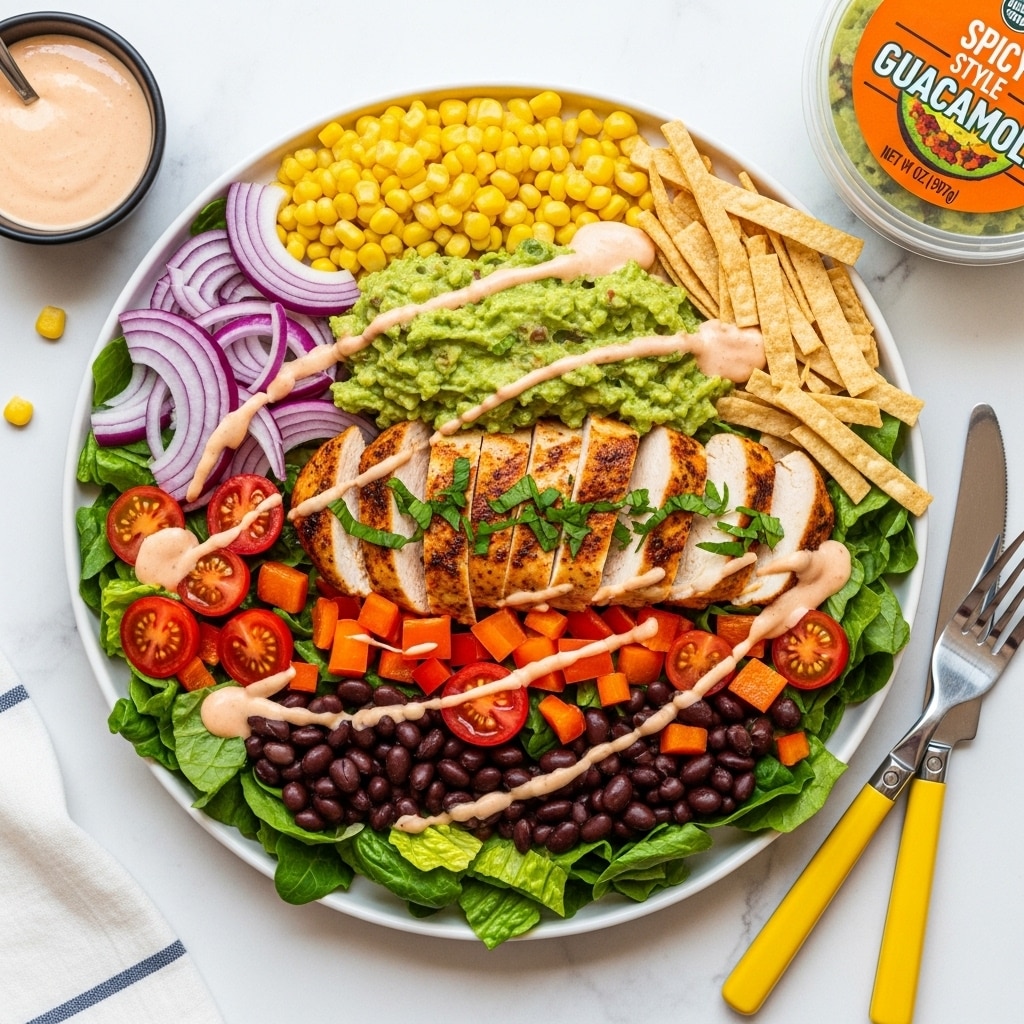 A white plate with a colorful layered salad: the bottom layer is green leafy lettuce scattered with black beans; on top of that are bright red cherry tomato halves and small pieces of orange bell pepper. Above these, there is a thick layer of chunky green guacamole that looks creamy. Next to the guacamole, there are crisp, thin, light brown tortilla strips. At the center lies a well-spiced grilled chicken breast, sliced and topped with fresh chopped green herbs. To the top left of the plate, there are thin slices of purple-red onion and smooth yellow corn kernels. Light pink creamy dressing is drizzled over the entire dish. The plate is placed on a white marbled surface with a small bowl of light beige dressing, a container of spicy southwest style guacamole with a bright orange label, and some yellow-handled cutlery nearby. photo taken with an iphone --ar 4:5 --v 7