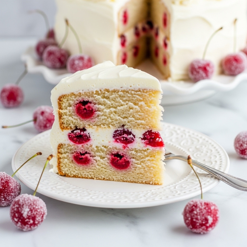 A slice of light beige cake with two thick layers separated by white creamy frosting is shown on a white plate with a detailed edge, placed on a white marbled surface. The cake has bright red cherries mixed evenly inside, some whole and some crushed, creating spots of vibrant red color throughout. The outside of the cake is smoothly covered with the same white frosting. Around the plate, there are sugared cherries with a frosted texture and a silver fork resting next to the cake slice. In the background, the remaining larger section of the same cake on a white scalloped-edge plate is slightly blurred, with more sugared cherries around it. Photo taken with an iphone --ar 4:5 --v 7