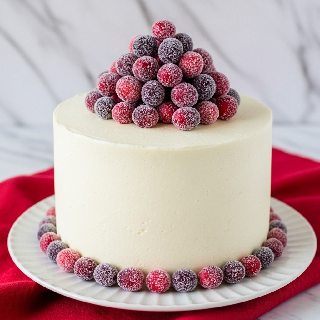 A tall round cake with smooth white frosting covers all sides and the top. On the top center, there is a large pile of red and purple sugared cranberries, dusted lightly with sugar, creating a sparkling effect. Around the base of the cake, there is a single row of sugared cranberries matching those on top. The cake sits on a white plate with wavy edges, placed on a red cloth against a white marbled background. photo taken with an iphone --ar 4:5 --v 7