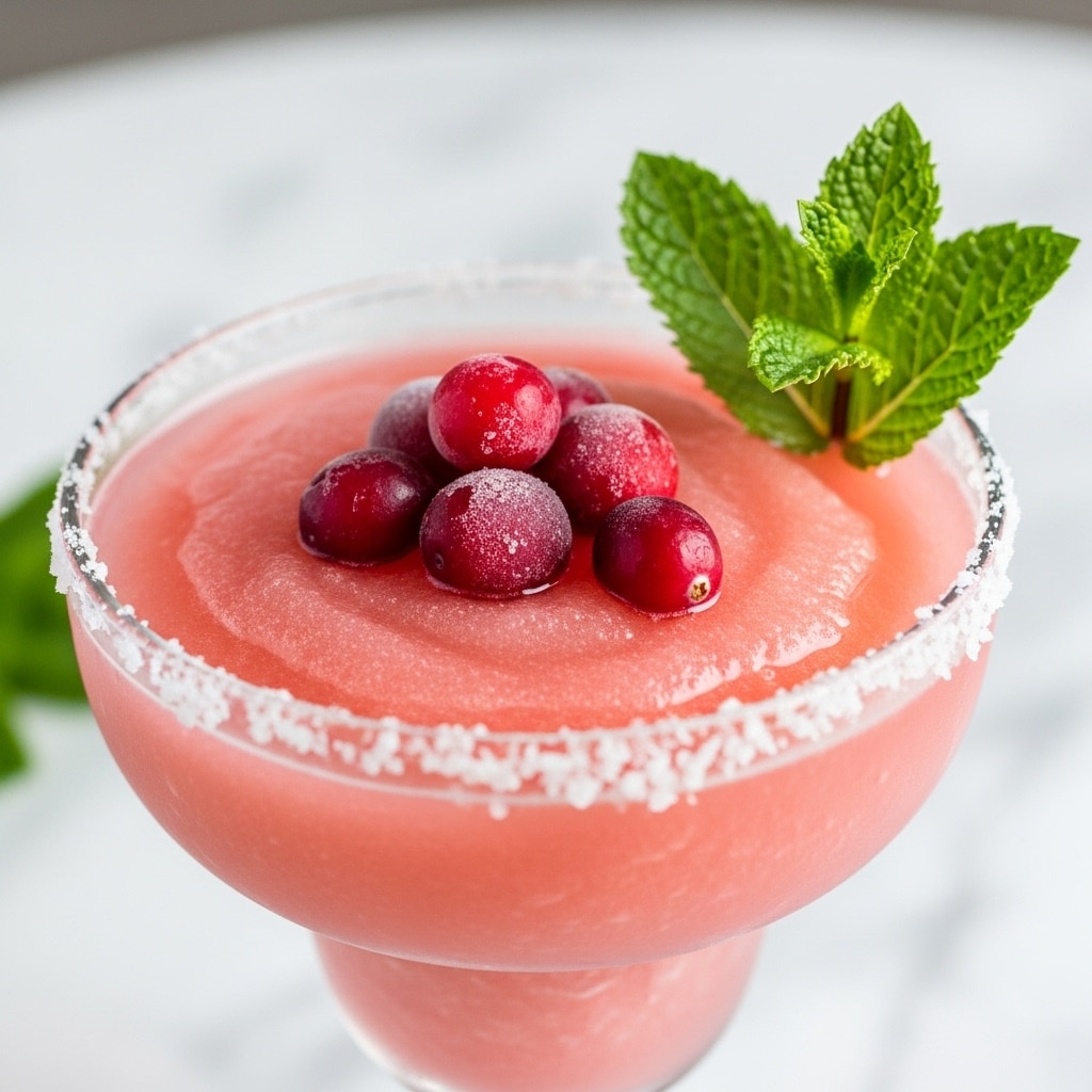 A close-up of a clear square glass filled with a pink margarita layered with varying shades of light to medium pink, with frosty condensation on the outside and a sugar-rimmed edge around the top. The drink is decorated on top with three bright red cranberries and a small green mint leaf standing upright in the middle. In the background, another similar glass is faintly visible, also with a sugar rim and pink liquid. Around the glass on a white marbled surface are several loose cranberries and small scattered green mint leaves, creating a fresh and festive look. Photo taken with an iphone --ar 4:5 --v 7