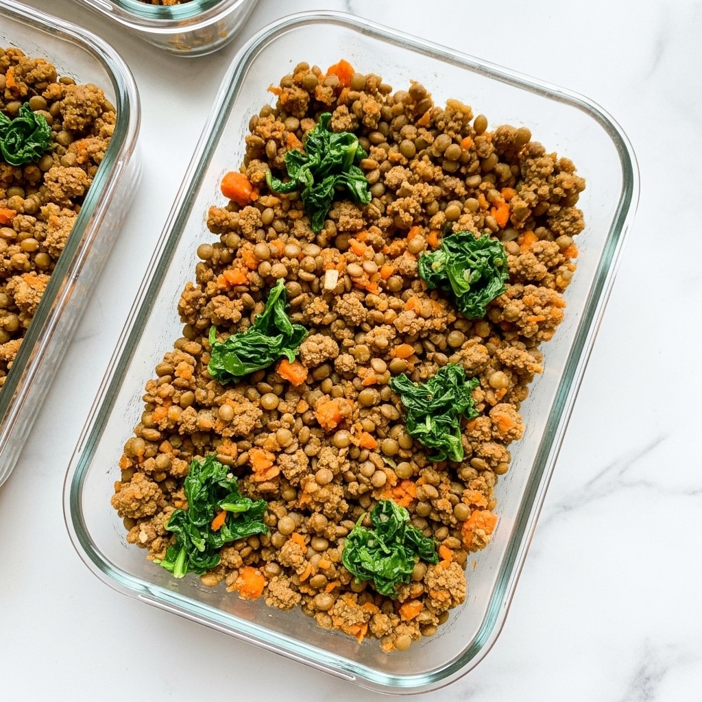 A clear glass rectangular container filled with a mixed dish consisting of small chunks of browned ground meat, green lentils, finely chopped orange carrots, and patches of dark green leafy vegetables evenly spread throughout. The mixture has a somewhat crumbly and chunky texture with a balanced distribution of colors including brown, green, and orange. The container sits on a white marbled textured surface, with part of another similar container partially visible in the upper left corner. photo taken with an iphone --ar 4:5 --v 7