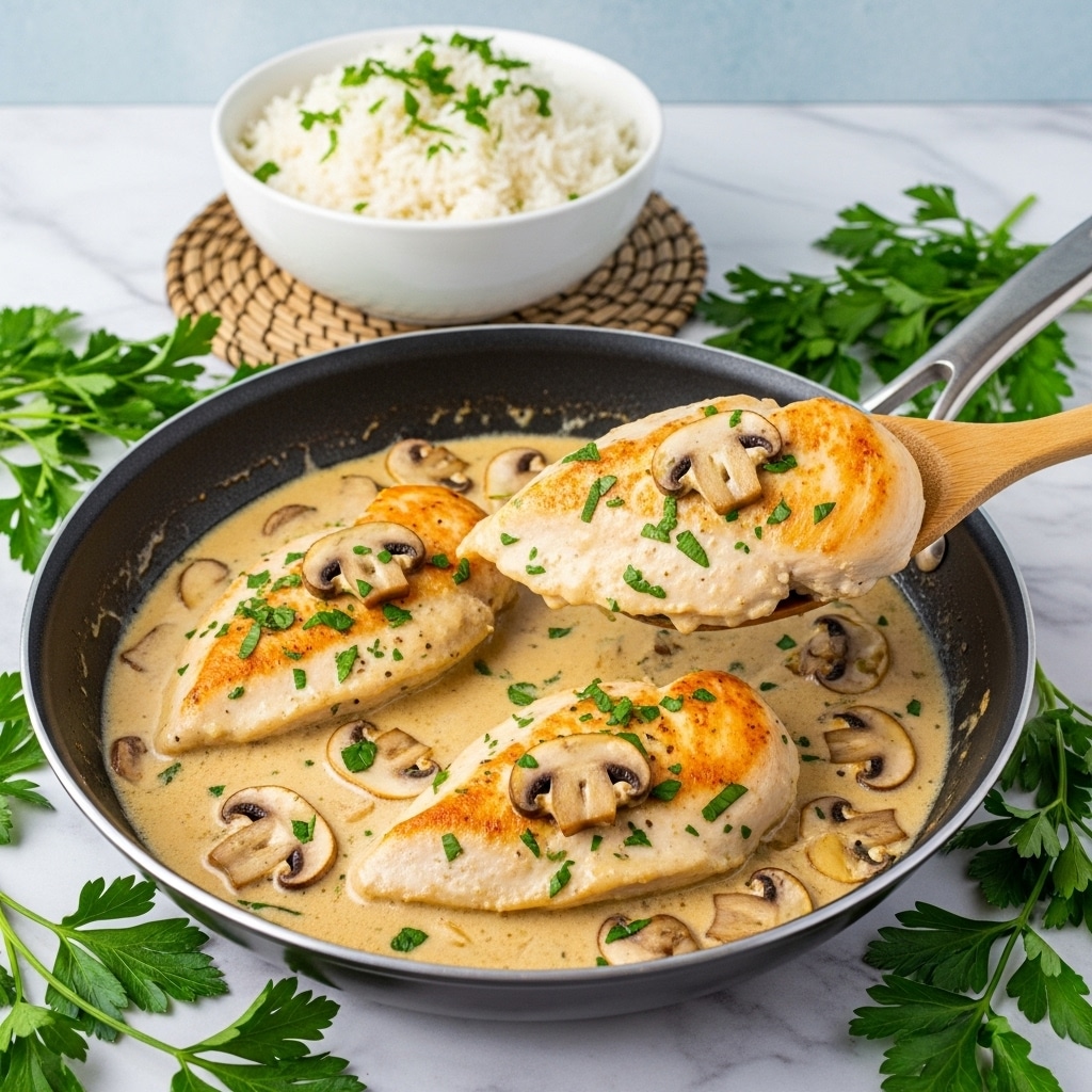 A silver pan holds three pieces of golden brown chicken breasts, each slightly browned and seasoned with pepper and small green parsley flakes. The chicken sits in a thick, creamy beige sauce with visible slices of cooked mushrooms scattered around. The pan rests on a white marbled surface with some fresh green parsley sprigs nearby and a wooden spoon with brown wrapped handle next to a white cloth. On the right side, part of a white bowl filled with white rice topped with green parsley is visible. photo taken with an iphone --ar 4:5 --v 7