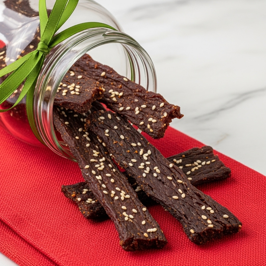 Several dark brown pieces of beef jerky with a slightly shiny texture and a few white sesame seeds are spilling out from a glass jar lying on its side. The jar has a green ribbon tied around its neck. The jerky pieces are placed on a red cloth, all set against a white marbled surface. Photo taken with an iphone --ar 4:5 --v 7