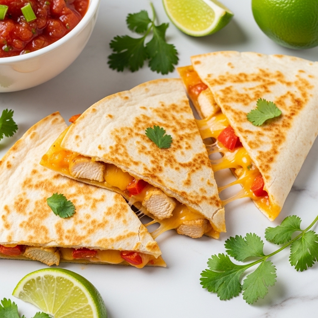 The image shows several triangular pieces of quesadilla on a white marbled surface. Each quesadilla is lightly browned with char marks on the outer tortilla layer and filled with melted yellow cheese mixed with small pieces of red bell pepper and chicken, visible through the slightly opened edges of the slices. Fresh green cilantro leaves are scattered around the quesadilla triangles. There are lime wedges positioned near the bottom left corner. To the left side, a small white bowl holds chunky red salsa with visible bits of onion, tomato, and pepper. photo taken with an iphone --ar 4:5 --v 7