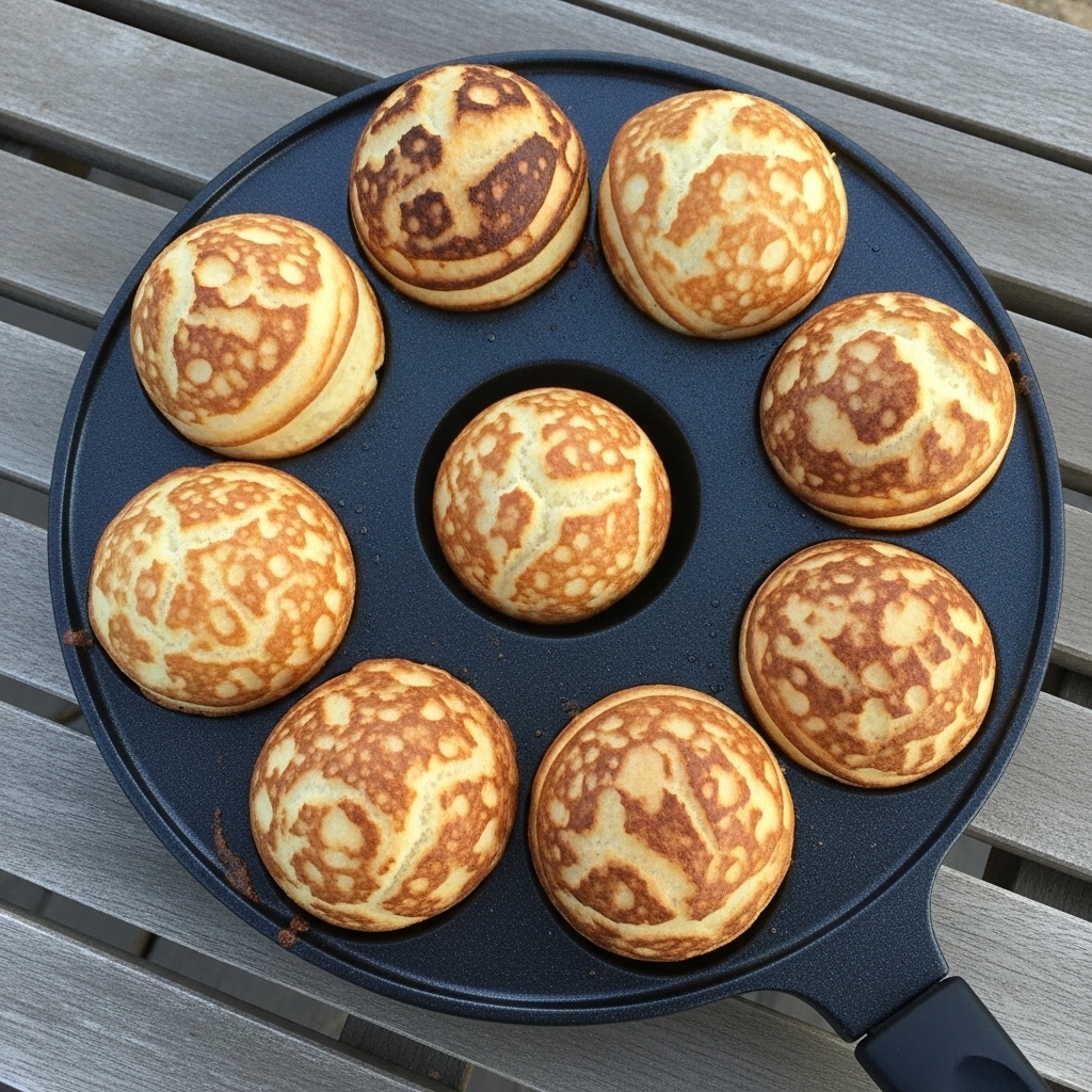 The image shows seven round, golden-brown bread balls with a slightly crispy top texture inside a black pan with a handle. The bread balls vary slightly in color from light golden to darker brown, showing even cooking. The pan is set on a wooden surface with visible slats. The bread balls are arranged in two rows of three each and one in the center, filling the round slots of the pan perfectly. The texture of the bread looks soft and well-risen, with a smooth, slightly uneven surface. photo taken with an iphone --ar 4:5 --v 7
