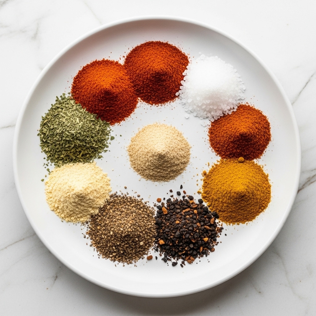A white plate holds eight small piles of different spices neatly arranged in a circle on a white marbled texture surface. In the center, there is a mound of beige fine powder. Around it, starting from the top and moving clockwise, there is a bright red powder with a slightly coarse texture, a pile of coarse white salt crystals, a rust-colored fine powder, a light yellow granular powder, dried green herb flakes, a mix of black and brown coarse crushed spices, and a golden brown fine powder. Each pile has a slightly conical shape with distinct textures and clear edges. Photo taken with an iphone --ar 4:5 --v 7