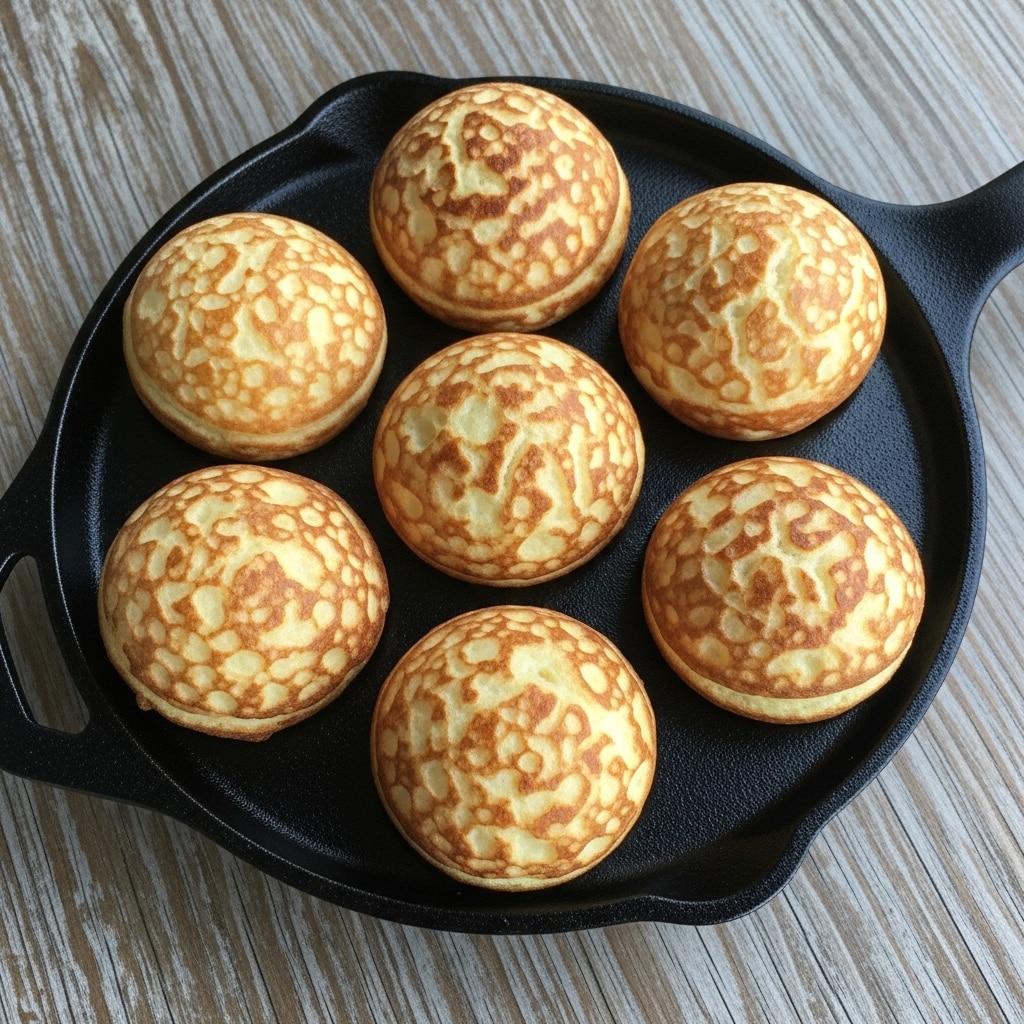 A black cast-iron pan holds seven small, round, golden-brown balls that look like they are made from a batter, each one puffed up with a smooth top and slightly darker brown spots from cooking. The pan is set on a wooden surface with visible wood grain lines. The balls are evenly spaced, showing a soft texture and light crust. photo taken with an iphone --ar 4:5 --v 7
