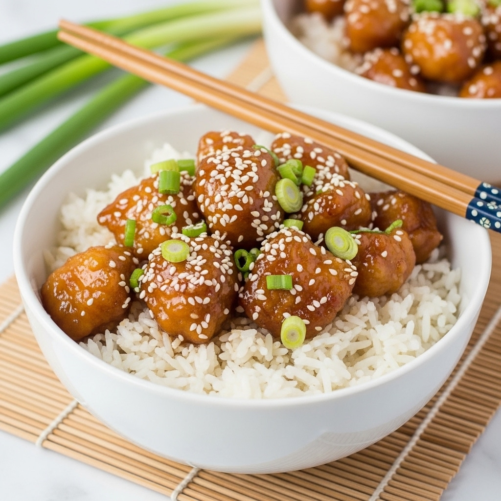This image shows a white bowl filled with three layers of food: at the bottom, a layer of fluffy white rice; on top, golden-brown glazed chicken pieces covered with a shiny sauce; and scattered over the chicken, small white sesame seeds and bright green chopped scallions. Resting on the bowl’s rim are two wooden chopsticks crossing each other. The bowl sits on a bamboo mat placed on a white marbled surface with some blurred green scallion stalks in the background. A second bowl with the same dish is partially visible behind the first. The photo taken with an iphone --ar 4:5 --v 7