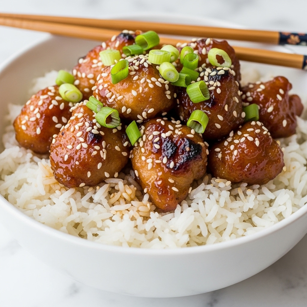The image shows a white bowl filled with a dish that has three main layers. The bottom layer is white rice with a soft and fluffy texture. On top of the rice are golden-brown pieces of chicken coated in a shiny, sticky sauce that looks sweet and savory, with some charred spots adding texture. Scattered on the chicken pieces are small, white sesame seeds, adding contrast and detail. Sprinkled across the top are bright green pieces of chopped green onion, adding a fresh color pop. There is a pair of brown chopsticks resting at the back of the bowl, and the bowl sits on a white marbled surface. photo taken with an iphone --ar 4:5 --v 7