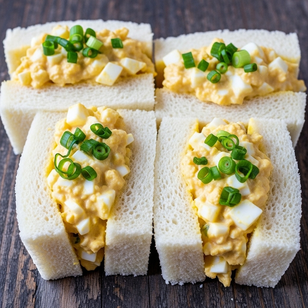 Four sandwich halves are neatly stacked on a dark wooden board placed on a white marbled surface. Each sandwich has two layers of soft, white bread with no crust, filled thickly with a creamy, yellow egg salad mixed with small white egg pieces and garnished lightly with green chopped herbs. To the left of the board, there are two small round bowls; one bowl contains coarse white salt with a small wooden spoon resting inside, and the other bowl holds coarse black pepper. The overall setup is simple and clean, highlighting the texture of the egg salad and the soft bread. photo taken with an iphone --ar 4:5 --v 7