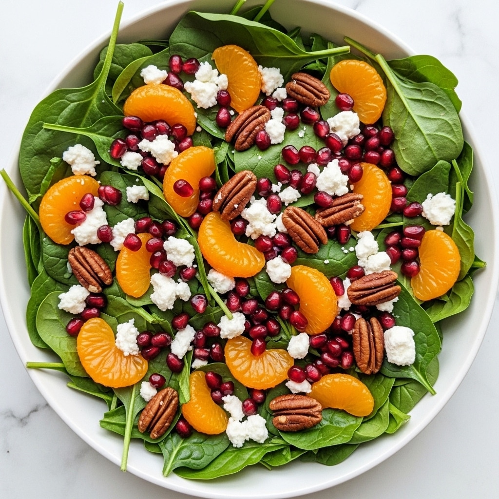 A close-up view of a fresh salad showing three main layers: the first layer is bright green spinach leaves with smooth, slightly shiny surfaces forming the base; the second layer contains bright orange tangerine segments, rich red pomegranate seeds, and dark red dried cranberries scattered on the spinach; the top layer features glossy brown pecan halves and small pieces of crumbly white cheese spread evenly. The salad appears lightly coated with a shiny dressing, making the colors stand out vividly. The scene is set against a white marbled texture background. photo taken with an iphone --ar 4:5 --v 7
