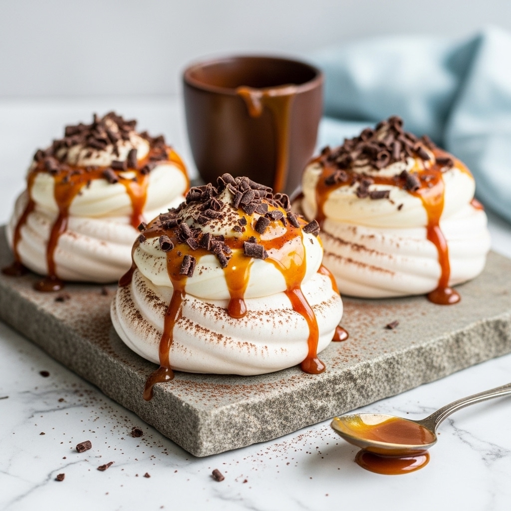 The image shows three round, puffy meringue nests placed on a rough, gray stone slab set on a white marbled surface. Each meringue has a crisp white outer layer with light brown cocoa powder dusted on top. On each nest is a swirled layer of glossy white cream, which is drizzled with thick, shiny caramel sauce dripping down the sides. Dark chocolate shavings are scattered generously over the cream. A brown cup with some caramel inside sits behind the meringues, and a silver spoon with caramel sauce is placed on the white marbled surface in front. A soft blue cloth is faintly visible in the background. photo taken with an iphone --ar 4:5 --v 7