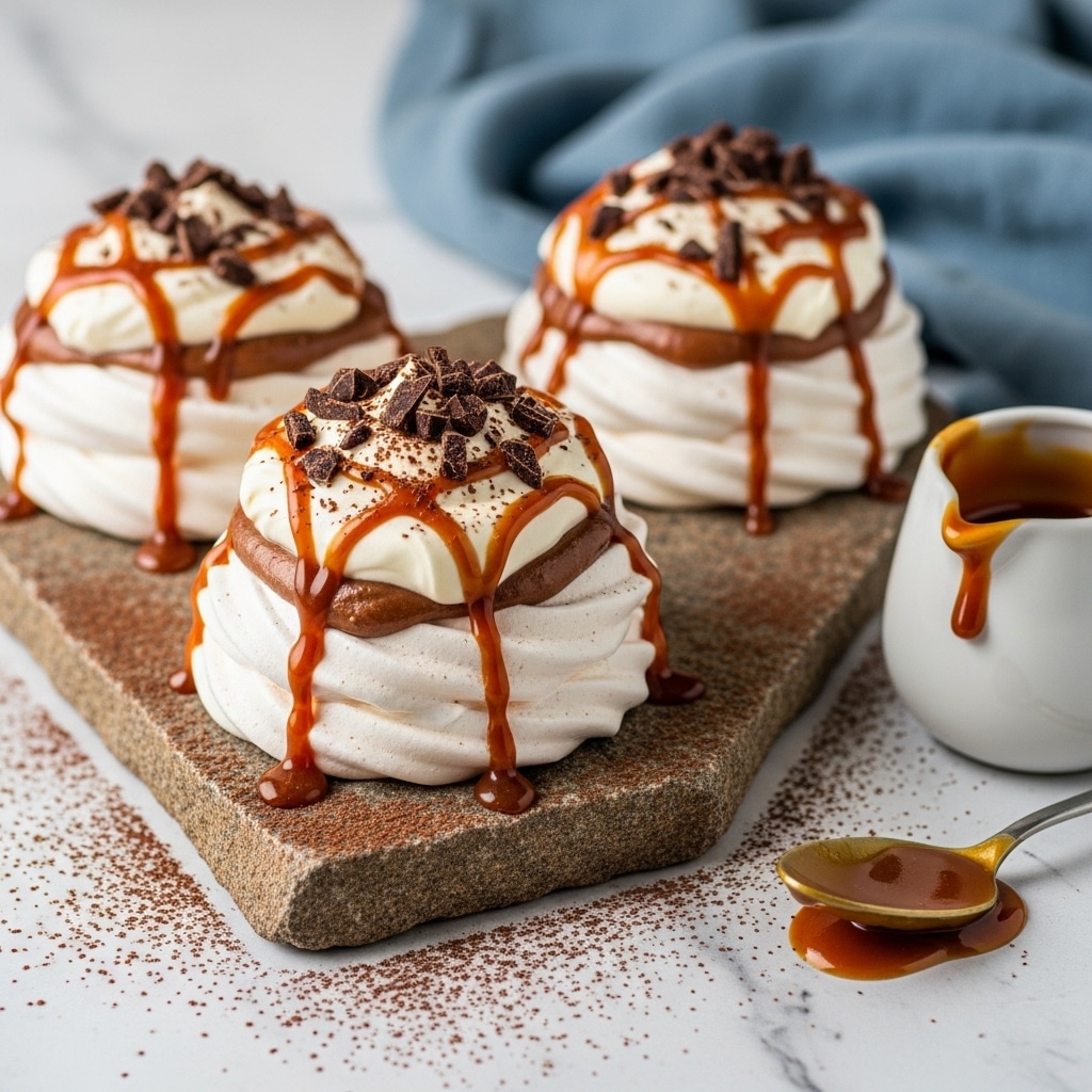 The image shows three meringue nests, each made of a crispy white base layer with smooth whipped cream on top. The cream layer is thick and fluffy, slightly melted around the edges, with drizzles of glossy caramel sauce running down the sides. Dark chocolate shavings are scattered on top of the cream, adding texture and rich brown color. The meringues sit on a rough stone slab, placed on a white marbled surface with cocoa powder dusted around. A small white container filled with caramel sauce and a spoon with caramel on it are nearby, with a blue cloth in the background. Photo taken with an iphone --ar 4:5 --v 7