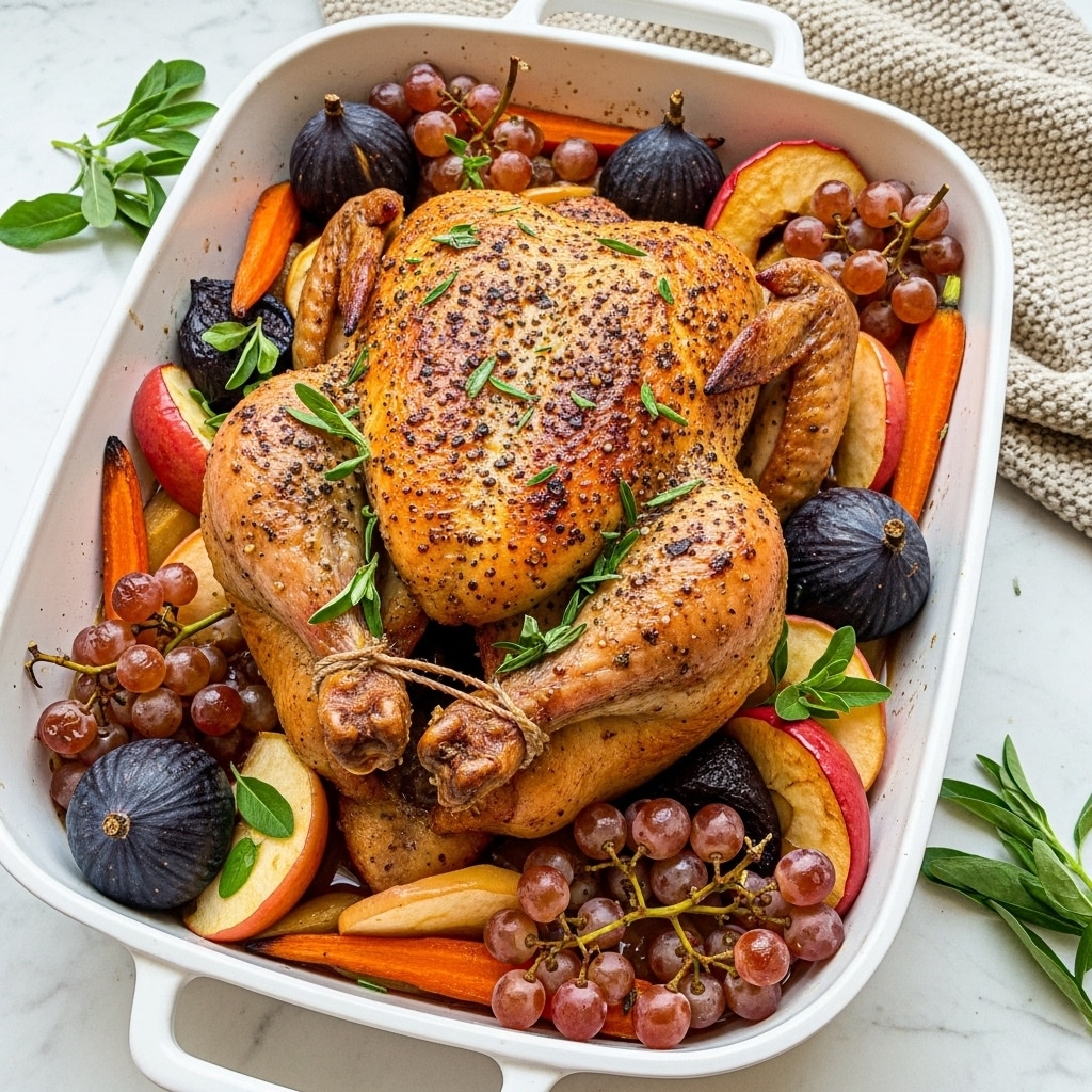 A whole roasted chicken with crispy, browned skin covered with coarse pepper and fresh green herbs, placed in the center of a white roasting pan. Around the chicken, layers of roasted vegetables and fruits include dark purple figs, red apple slices, small browned grapes still on their stems, and orange carrots. Some green herb sprigs are scattered on and around the chicken, adding fresh touches. The roasting pan sits on a white marbled surface with a beige knit cloth in the background. Photo taken with an iphone --ar 4:5 --v 7
