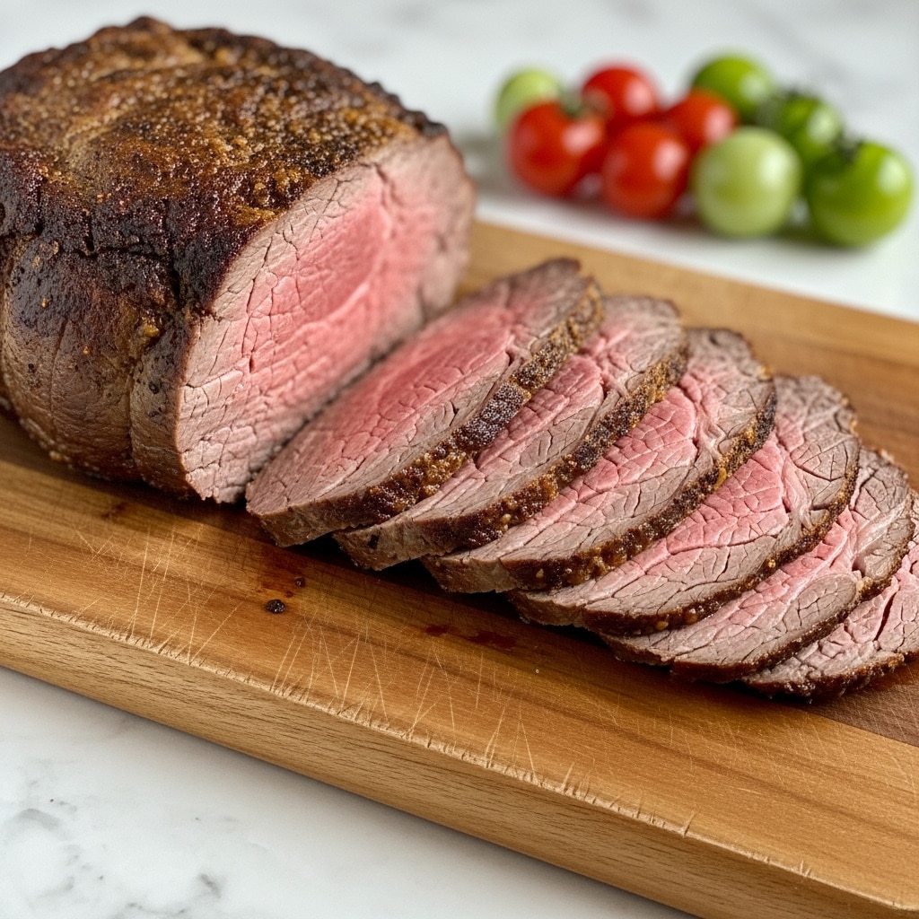 A wooden cutting board rests on a white marbled surface, holding a large piece of roasted beef with a brown, slightly crispy crust on the outside and a pink, juicy inside visible where it is sliced. Several thin slices of beef fan out to the right of the main piece, showing a tender texture with some marbling and a well-cooked pink center, while the outer edges are browned. In the background, there are small red and green tomatoes adding a pop of color behind the cutting board. photo taken with an iphone --ar 4:5 --v 7