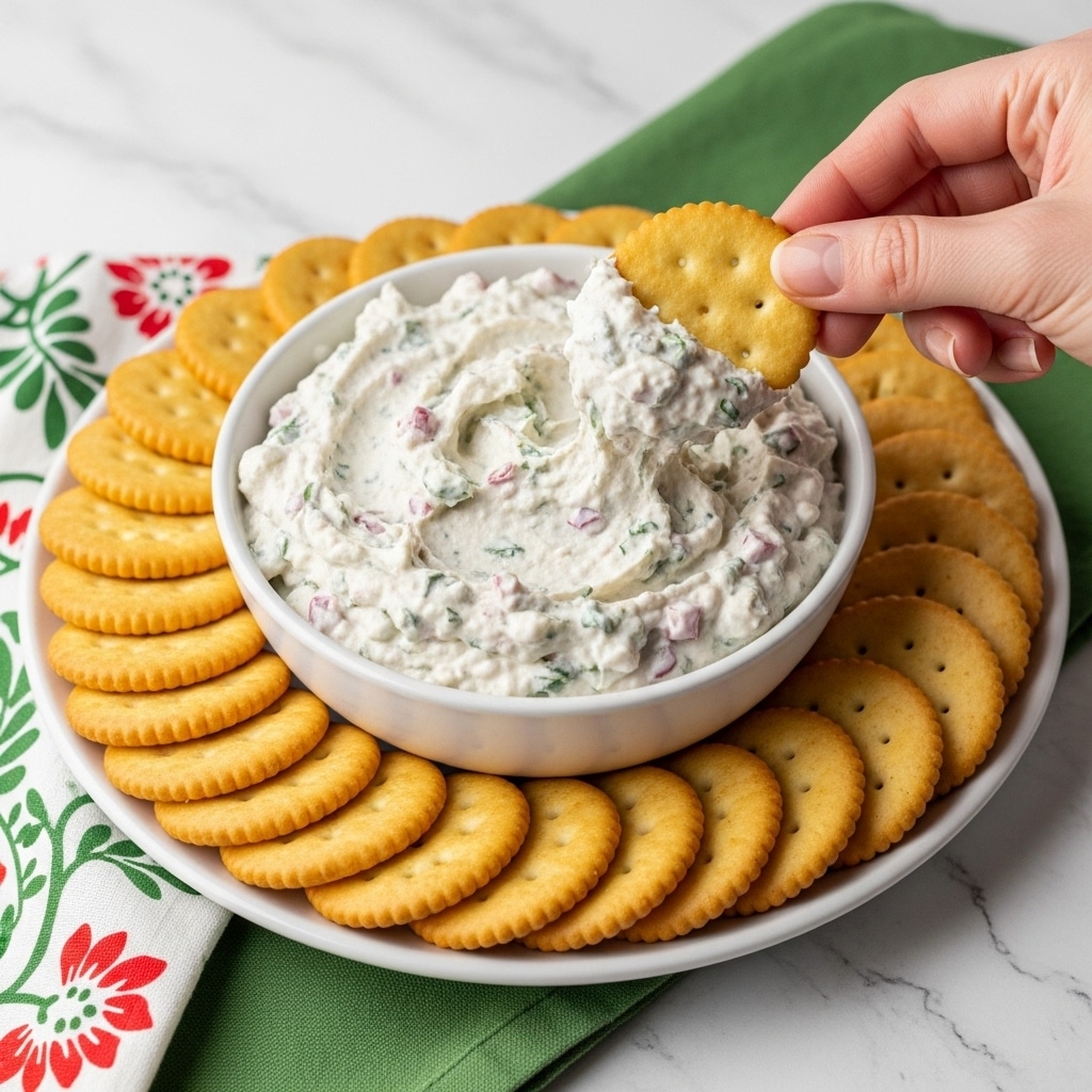 A white round bowl filled with a creamy dip that has a light green color with visible small pieces of green herbs and red bits throughout, creating a textured look. The bowl is placed in the center of a white plate, surrounded by a neat ring of golden round crackers. A woman’s hand is shown holding one cracker dipping into the thick, chunky dip. The background features a white marbled surface and a green cloth with a white and pink floral pattern, adding a bright and fresh feel to the scene. photo taken with an iphone --ar 4:5 --v 7