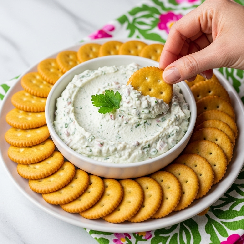 A white bowl filled with a creamy, thick dip that has visible bits of green herbs and red pieces mixed throughout, giving it a textured look. The bowl sits on a white plate surrounded by round, golden crackers neatly arranged in a circular pattern around the bowl. A woman's hand is holding a cracker dipping into the thick dip, showing the creamy texture clinging to the cracker. The background and surface are white marble, and there is a green cloth with a white and red floral pattern partially visible behind the plate. Photo taken with an iphone --ar 4:5 --v 7