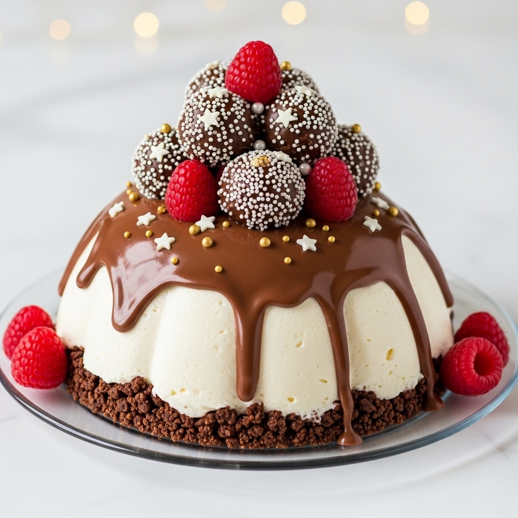 A dome-shaped ice cream cake sits on a clear glass plate over a white marbled surface. The cake has three main layers: the bottom layer is a crumbly brown crust, the middle layer is thick and creamy white ice cream, and the top layer is rich brown chocolate ice cream covered with a glossy chocolate sauce dripping down the sides. The dome is topped with round chocolate candies coated in crushed nuts and fresh red raspberries scattered around the top and the plate. Small white and gold sprinkles add a festive touch over the chocolate sauce. Photo taken with an iphone --ar 4:5 --v 7