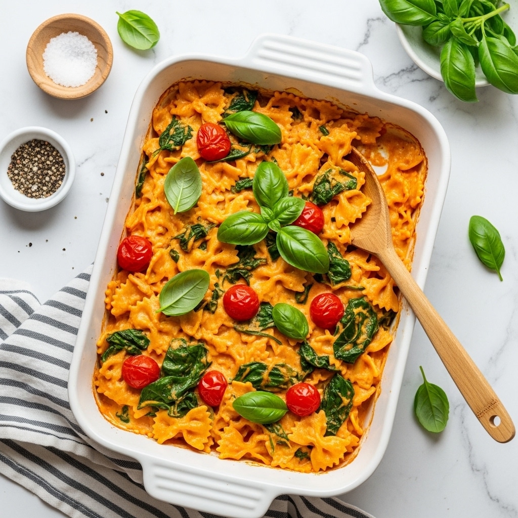 Cream Cheese Pasta Bake with Cherry Tomatoes and Spinach Recipe