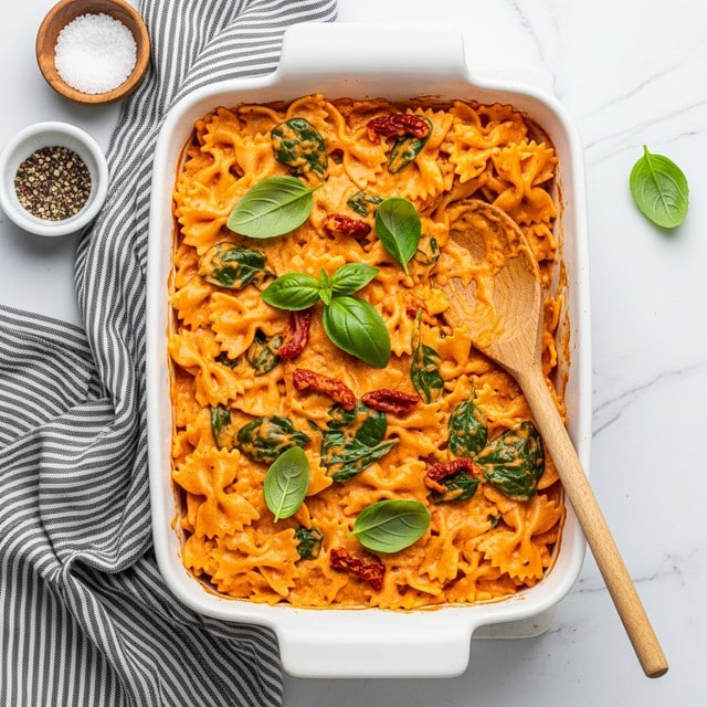 A white baking dish filled with creamy bowtie pasta layered in a thick orange sauce with visible pieces of sun-dried tomatoes and fresh green spinach leaves mixed throughout. The pasta has a slightly glossy texture, evenly coated with sauce, and is garnished with fresh basil leaves on top. A wooden spoon is placed inside the dish on the right side, partially covered in sauce. The dish sits on a white marbled surface with a gray and white striped cloth on the left, and small bowls of salt and pepper nearby. photo taken with an iphone --ar 4:5 --v 7