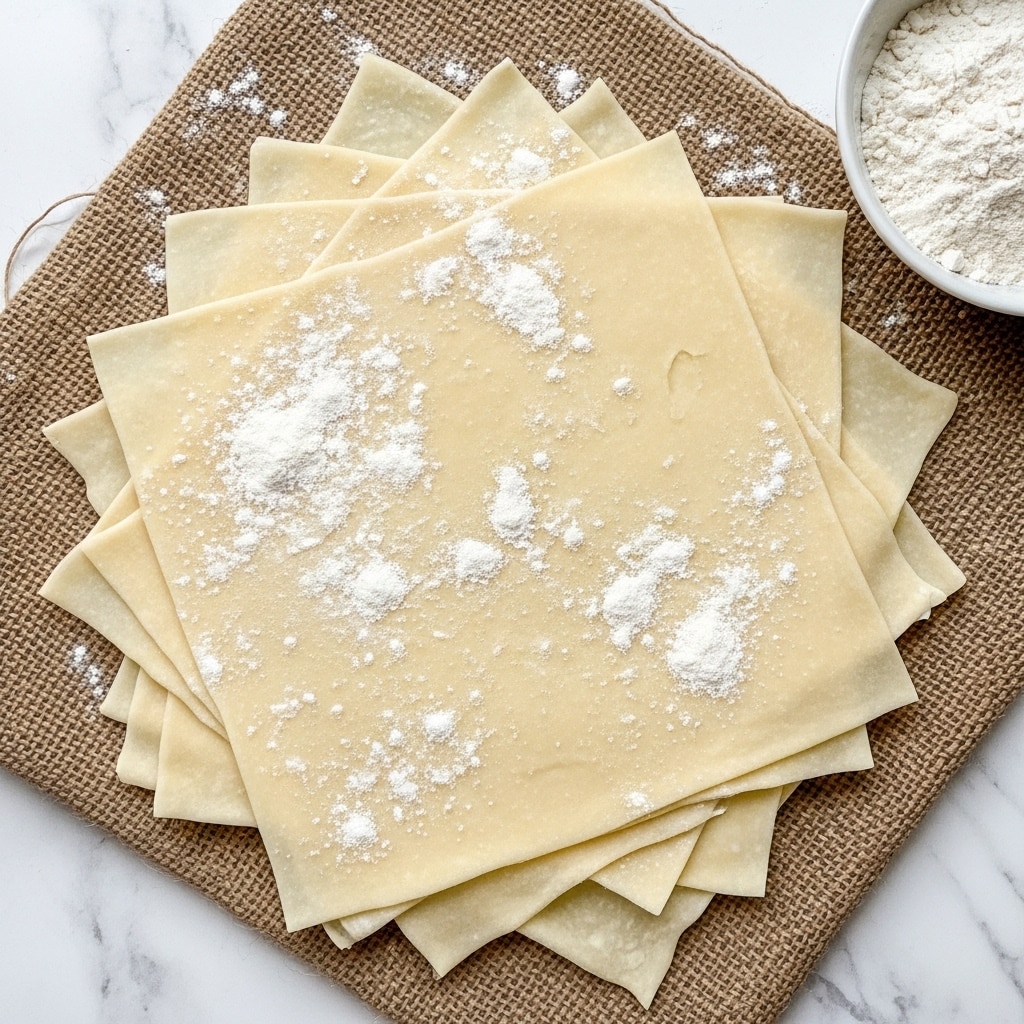 A stack of several thin, square dough sheets lies spread in layers on a textured brown burlap cloth, each sheet pale beige with soft wrinkles and a light dusting of white flour scattered unevenly on the top. The dough sheets are slightly translucent, showing subtle variations in thickness and a smooth, soft texture. In the top right corner, a white bowl with flour is partially visible, adding context to the preparation process. The setting rests on a white marbled texture, enhancing the natural and fresh look of the dough. Photo taken with an iphone --ar 4:5 --v 7