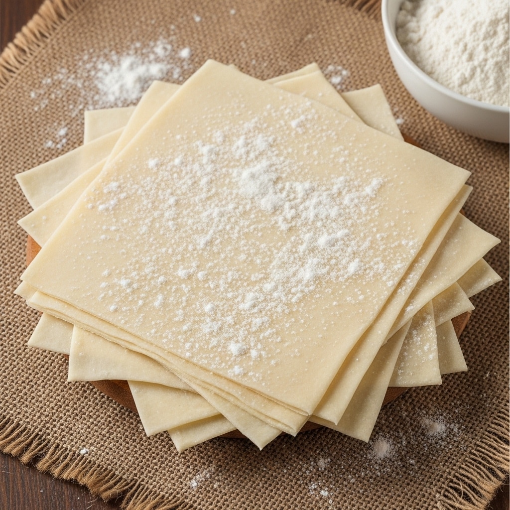 The image shows a stack of thin, square dough sheets layered unevenly on top of each other, with a light dusting of white flour scattered across the dough’s pale beige surface. The dough sheets have smooth, soft textures with slight transparency at the edges, and they rest on a coarse brown burlap fabric. A partial view of a white bowl filled with flour is visible in the top right corner, placed on the same fabric. The overall scene has a rustic and natural look with warm tones. photo taken with an iphone --ar 4:5 --v 7