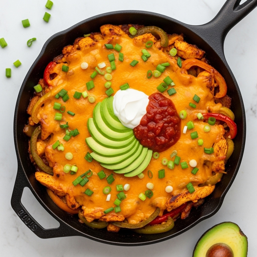 A black cast iron skillet filled with a cheesy, creamy mixture with visible chunks of cooked chicken, sliced red, yellow, and green bell peppers, and melted bright orange cheddar cheese evenly covering the top. On the center, a small mound of toppings includes fanned slices of fresh green avocado, a dollop of white sour cream, and a spoonful of chunky red salsa. Sprinkled over the dish are small chopped green onions and cilantro leaves, adding a fresh green contrast. Around the skillet on a white marbled surface are a whole green bell pepper, an open jar of chunky red salsa, half an avocado with the seed removed, and stacked white flour tortillas partially visible to the side. Photo taken with an iphone --ar 4:5 --v 7