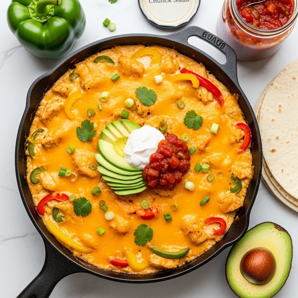 A black cast iron skillet filled with a cheesy dish that has an orange melted cheddar cheese layer on top. Under the cheese, you can see cooked chicken pieces and sliced bell peppers mixed with seasoning. On the cheese layer, there are chopped green onions sprinkled all over for color and freshness. In the center of the skillet, there is a small mound of avocado slices fanned out, next to a dollop of white sour cream and a spoonful of red salsa. The skillet sits on a white marbled textured surface with scattered chopped green onions and half an avocado nearby. photo taken with an iphone --ar 4:5 --v 7
