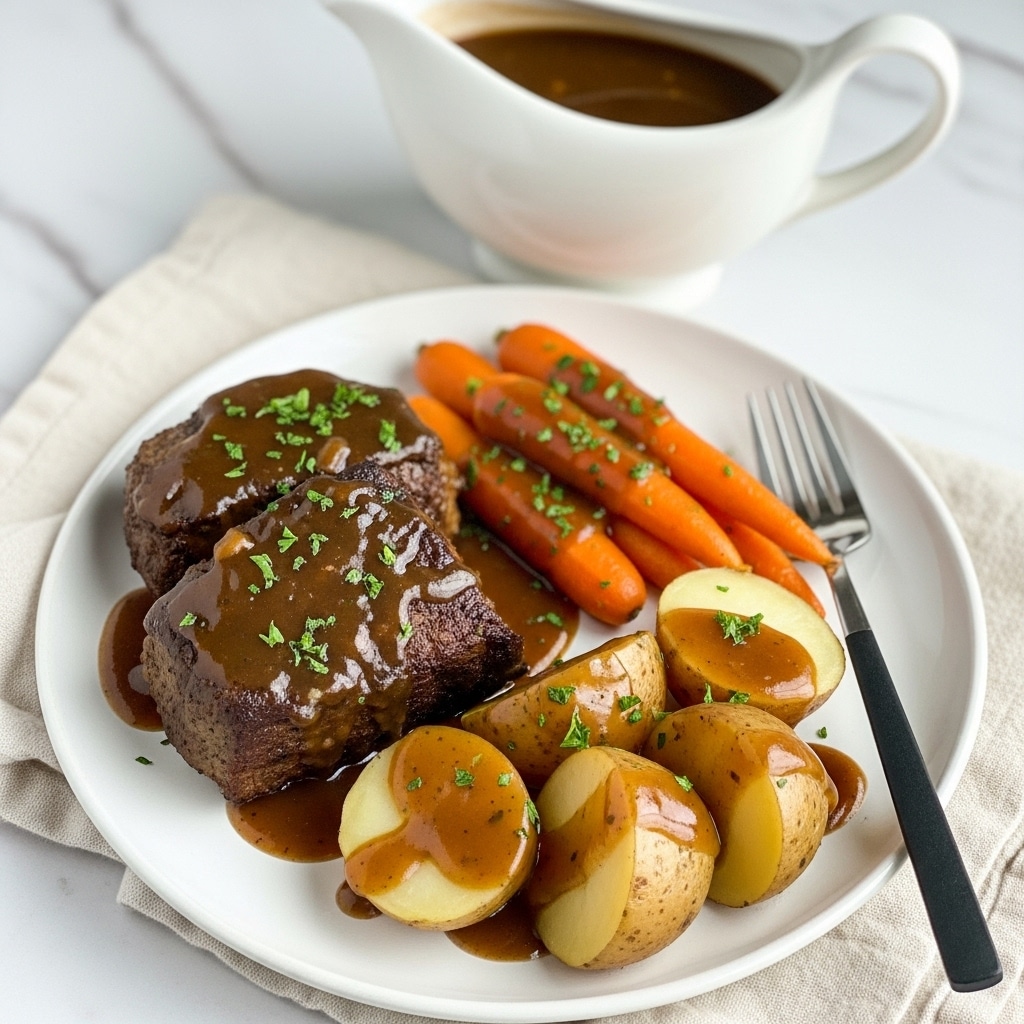 A white plate holds a serving of pot roast with brown gravy, featuring two thick pieces of dark brown beef covered in shiny gravy and sprinkled with green parsley. To the right of the meat are several cooked carrots, bright orange and coated in the same glossy brown gravy with bits of green parsley. Below the carrots, there are four halved round potatoes, light brown and also covered in gravy with a touch of herb garnish. A silver fork with a black handle rests on the right edge of the plate. Behind the plate, a white gravy boat filled with dark brown gravy is visible, all set on a white marbled surface with a cream cloth nearby. photo taken with an iphone --ar 4:5 --v 7