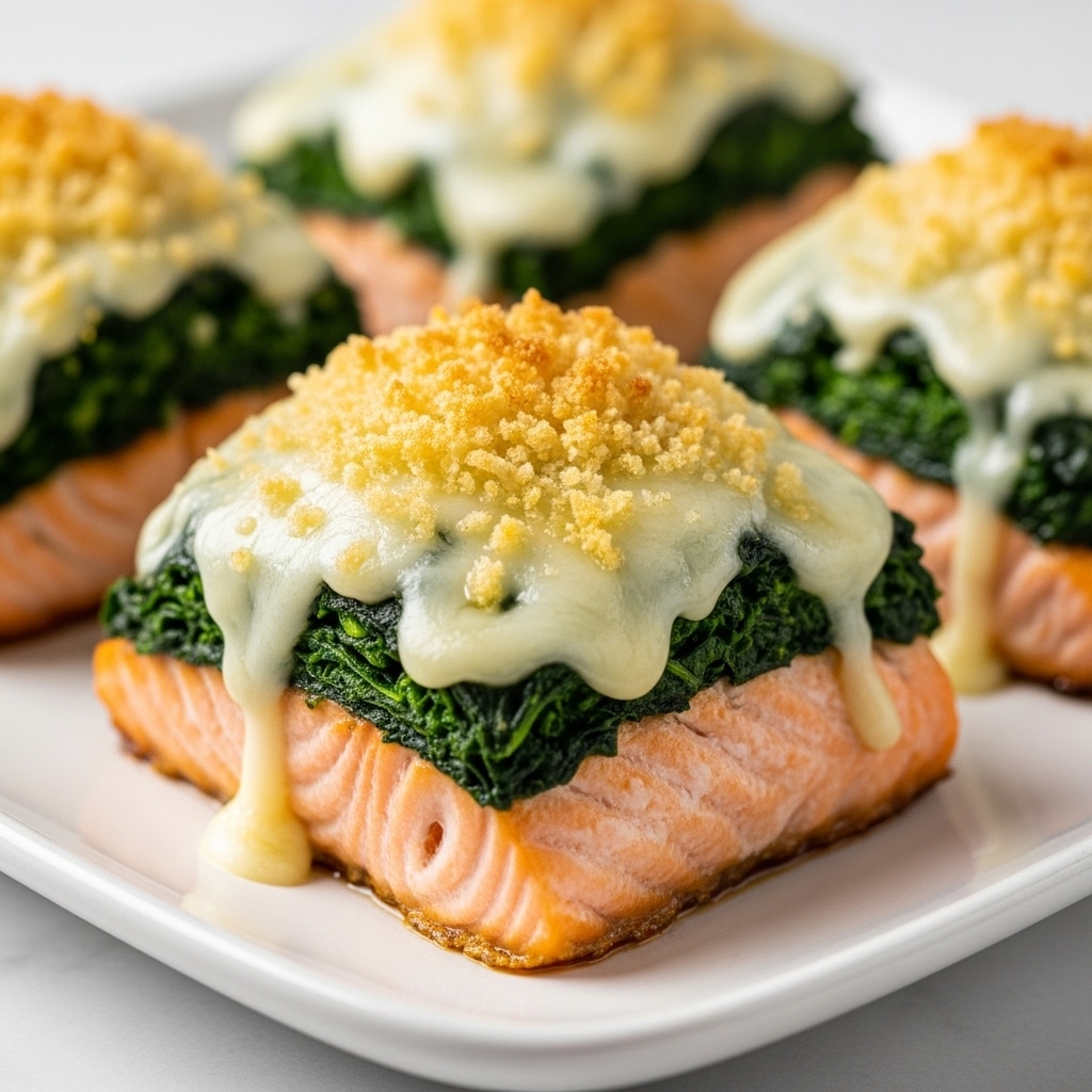 The image shows four pieces of cooked salmon fillets arranged on a white plate with a white marbled texture underneath. Each salmon piece has three visible layers: the bottom layer is the light orange salmon flesh with a slightly grilled texture, the middle layer consists of dark green spinach leaves covering the salmon, and the top layer is a creamy white melted cheese with golden brown, crispy breadcrumbs sprinkled on top. The melted cheese slightly drips down the sides of the spinach and salmon, creating a rich and creamy look. The photo focuses closely on the front salmon piece, with the others softly blurred in the background. Photo taken with an iphone --ar 4:5 --v 7