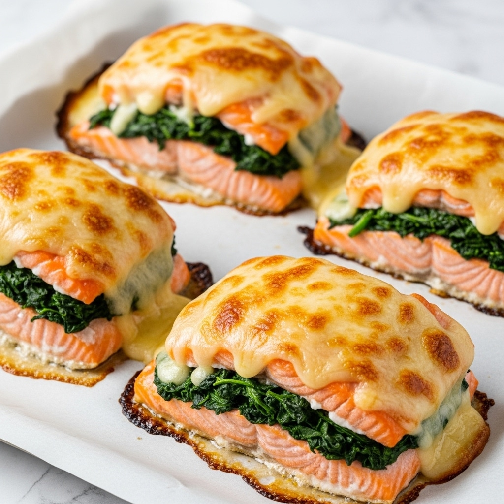 The dish shows four pieces of cooked salmon fillets arranged on white paper on a baking tray. Each salmon piece has three main layers: the bottom is the pink salmon with a slightly flaky texture, the middle layer is dark green cooked spinach leaves, and the top layer is a golden-browned melted cheese that looks creamy and slightly bubbly around the edges. The cheese covers the spinach and salmon, melting down the sides a bit, with some darker brown spots indicating it was broiled for a crispy finish. The background is a white marbled texture. photo taken with an iphone --ar 4:5 --v 7