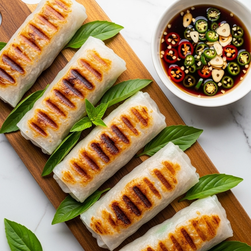 Four grilled spring rolls are lined up on a wooden board, each roll wrapped in a translucent, slightly crispy layer with shiny, golden-brown grill marks. Bright green basil leaves are placed on and under the rolls, adding color contrast. To the upper right, there is a white bowl filled with dark, glossy dipping sauce that contains pieces of red and green chili and chopped garlic. The whole setup is placed on a white marbled texture surface. photo taken with an iphone --ar 4:5 --v 7