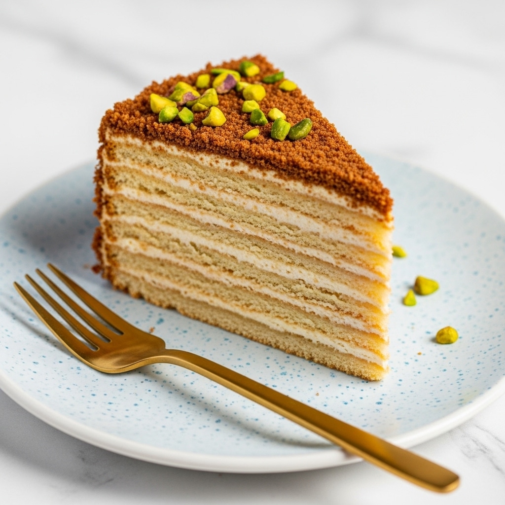A slice of multi-layered cake with about seven thin layers that alternate between light beige and a more golden brown color, topped with a crumbly, textured brown layer that looks slightly crispy. It is garnished with small chopped pieces of green pistachios scattered over the top. The cake slice sits on a white plate with a light blue, speckled design, next to a gold-colored fork. The plate is placed on a surface with a white marbled texture. Photo taken with an iphone --ar 4:5 --v 7