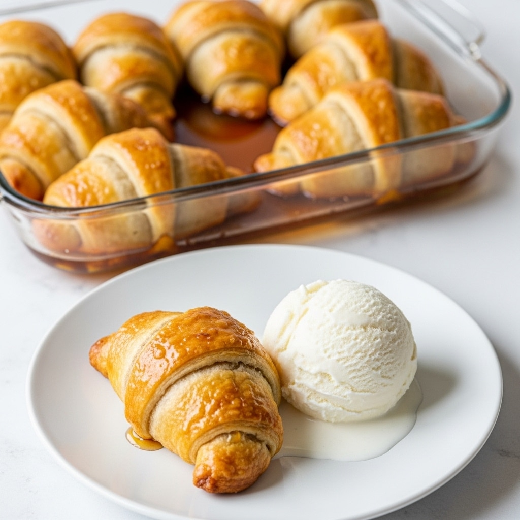 The image shows golden brown crescent roll apple dumplings with a shiny glaze covering them, highlighting their flaky and crispy texture. They are arranged closely in a clear dish, with warm syrup gently pooling around their edges. Below the dish, a white plate holds one dumpling next to a perfectly rounded scoop of white vanilla ice cream, their textures contrasting with the dumpling’s crispy surface and the smooth ice cream. The background features a soft, blurred tone that focuses attention on the warm and inviting dessert. The whole scene is set against a white marbled texture. photo taken with an iphone --ar 4:5 --v 7