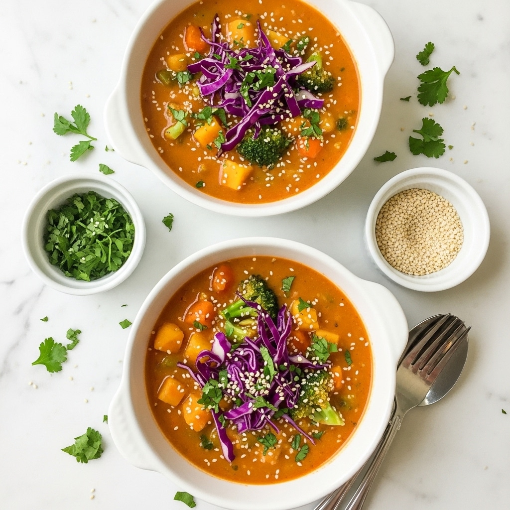 Two white ceramic bowls filled with a thick orange soup containing small chunks of yellow sweet potato, green broccoli, and other vegetables, topped with thin strips of bright purple cabbage and sprinkled with chopped green herbs and white sesame seeds. The bowls sit on a white marbled surface with scattered green herbs around them. Nearby are two small white bowls, one filled with more chopped green herbs and the other with white sesame seeds. A silver spoon and fork rest beside the bottom bowl. photo taken with an iphone --ar 4:5 --v 7