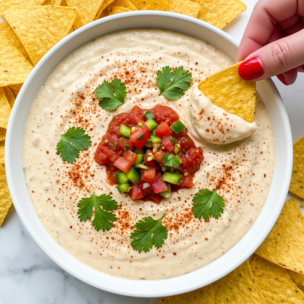 The image shows a white bowl filled with a creamy, pale cheese dip. The dip is topped in the center with a small heap of red salsa, consisting of chopped tomatoes and green peppers, along with fresh green cilantro leaves scattered around it. There is a light dusting of red spice over the surface of the dip. Surrounding the bowl are yellow corn tortilla chips, with one chip being held by a woman's hand with red nail polish, partially dipped into the cheese. The setting features a white marbled surface. Photo taken with an iphone --ar 4:5 --v 7