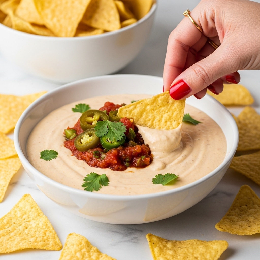 A white bowl filled with a creamy light beige queso dip, topped with a small heap of chunky red salsa mixed with green jalapeno pieces and fresh green cilantro leaves scattered on top. A woman's hand with red nail polish and a gold ring dips a triangular yellow tortilla chip into the cheese. Around the bowl on a white marbled surface are more tortilla chips, some whole and some broken. In the background, there is a white bowl filled with more tortilla chips. Photo taken with an iphone --ar 4:5 --v 7