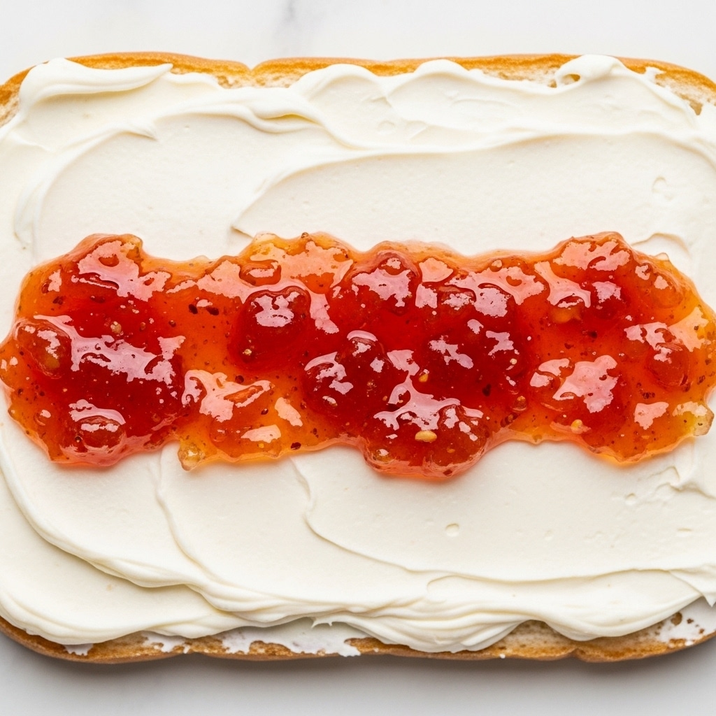 A close-up image of a flat, rectangular layer of creamy white spread with a smooth texture, topped with a thick, uneven strip of glossy, reddish-orange jelly or jam that has a chunky and slightly translucent appearance. The jelly strip is placed horizontally across the center of the white spread, creating a contrast between the two layers. The background is a white marbled surface. photo taken with an iphone --ar 4:5 --v 7