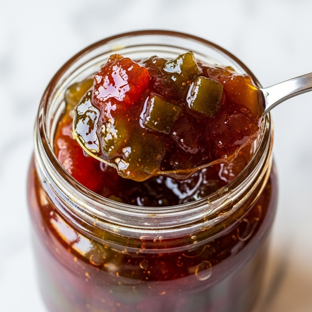 A close-up view of a jar filled with thick, glossy chutney showing multiple layers of translucent, gel-like texture in amber, deep red, and green colors mixed together. The spoon scooping the chutney reveals soft, uneven chunks throughout, with light reflecting off the wet and sticky surface. The jar is round with clear glass edges visible, sitting on a white marbled texture. The focus is on the rich, shiny, and chunky chutney inside and on the spoon. Photo taken with an iphone --ar 4:5 --v 7