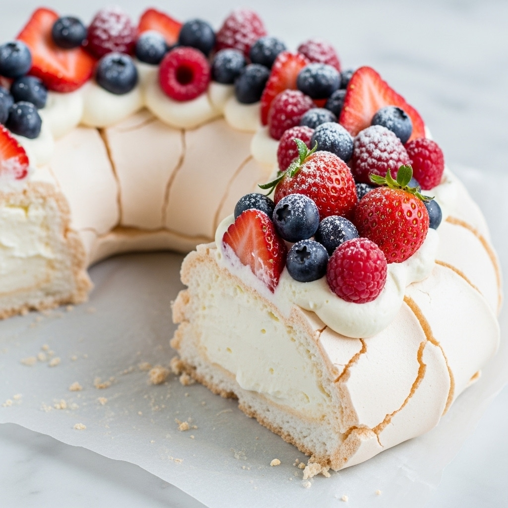 The image shows a curved, ring-shaped meringue dessert with a cracked, light beige outer shell, filled with a thick, creamy white layer inside. The top is decorated with fresh berries including bright red strawberries, deep red raspberries, and dark blue blueberries lightly dusted with white powdered sugar. The dessert rests on parchment paper placed on a white marbled surface, with the front cut section revealing the creamy inside and berry topping clearly. The focus is on the front cut piece, showing detail in texture and colors. photo taken with an iphone --ar 4:5 --v 7