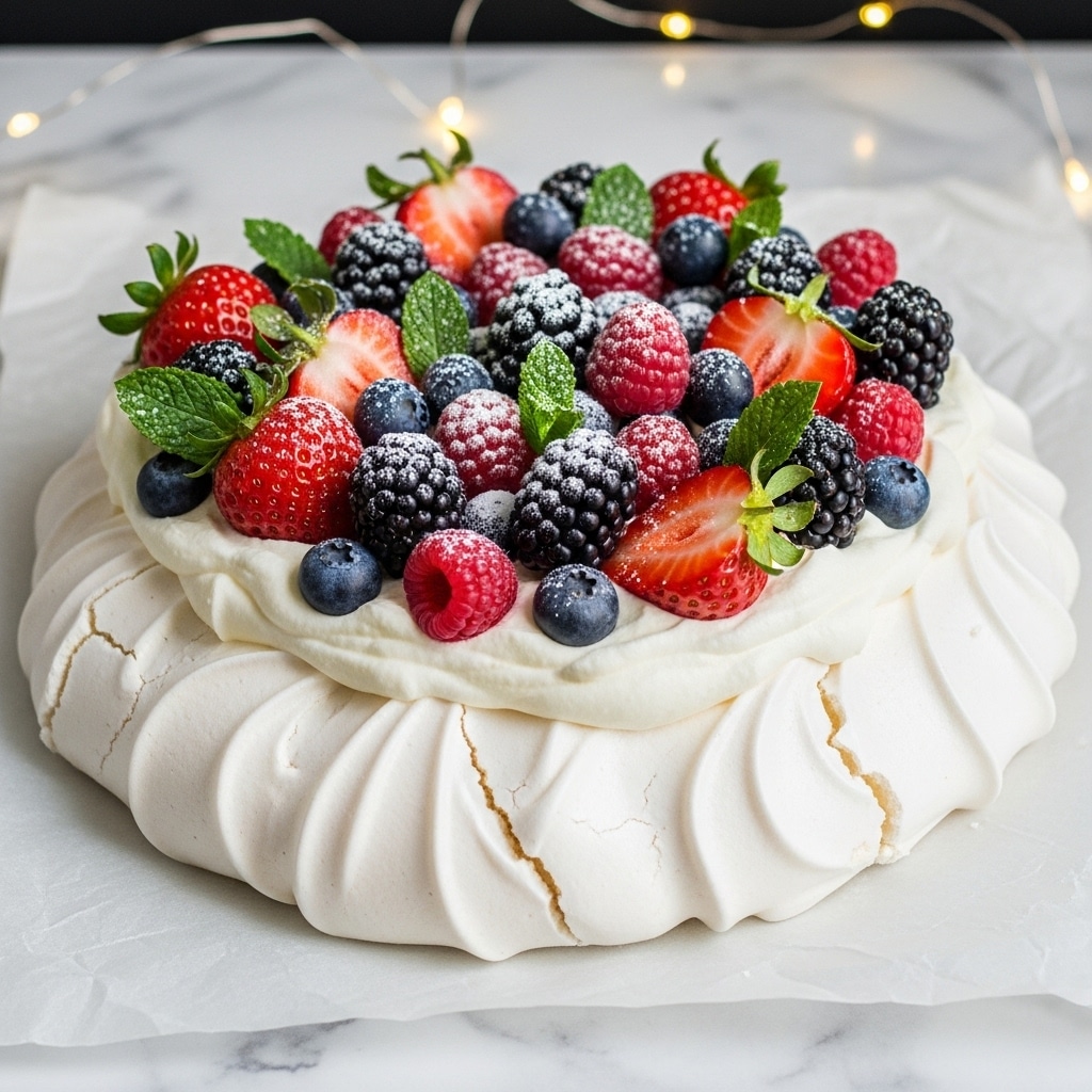 A round pavlova with a white, crisp meringue base that has a ruffled texture and slight cracks on the edges. On top, there is a thick, smooth layer of white whipped cream. The cream is decorated with a mix of fresh berries including bright red strawberries, red raspberries, dark blue blueberries, and black blackberries, all dusted lightly with white powdered sugar. Small green mint leaves are scattered among the berries, adding a fresh touch. The dessert sits directly on parchment paper against a white marbled textured surface with soft warm fairy lights in the dark background. Photo taken with an iphone --ar 4:5 --v 7