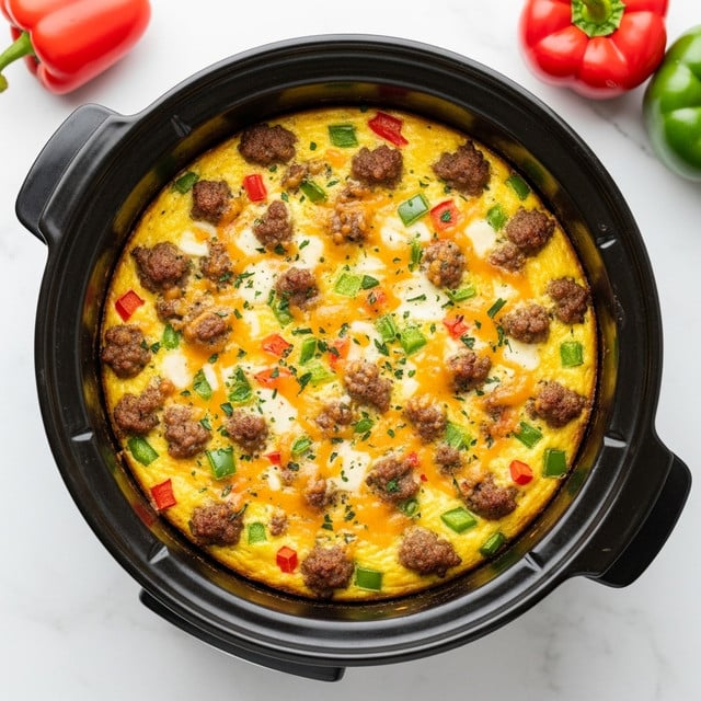 The image shows a round breakfast casserole inside a black slow cooker, placed on a white marbled surface with some red and green bell peppers nearby. The casserole has a golden-yellow base made of cooked eggs, sprinkled with browned ground sausage pieces and small chunks of green and red bell peppers. There is a layer of melted cheese mixed throughout, with some parts slightly browned, especially at the edges where the casserole meets the black cooker. The top is speckled with green herbs, adding a fresh touch. The texture looks soft in the middle but crispy and browned around the edges. Photo taken with an iphone --ar 4:5 --v 7