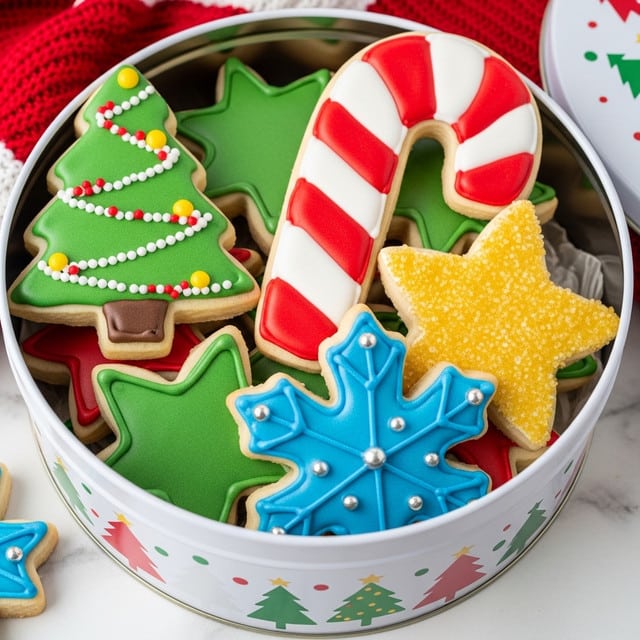 A collection of festive sugar cookies sits in a round white tin decorated with white Christmas trees and dots. The cookies are in various holiday shapes and colors: a green Christmas tree cookie layered with small white and red sprinkles and yellow dots on top; a large red and white candy cane-shaped cookie with bright smooth icing stripes; a star-shaped cookie covered with golden sugar crystals; a snowflake cookie iced in blue with small silver balls as decoration; and other shapes decorated in green, red, and white icing. The cookies have a soft textured look with thick layers of smooth and shiny icing on top. The tin rests on a white marbled surface with a red and white knitted cloth partially visible behind it. photo taken with an iphone --ar 4:5 --v 7