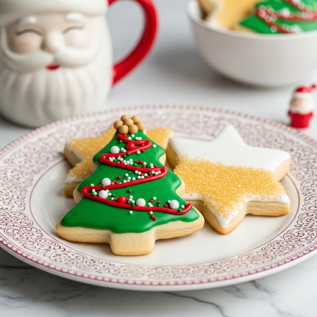 The image shows a plate with two decorated Christmas sugar cookies on a white marbled surface. The front cookie is shaped like a Christmas tree with one thick layer of smooth green icing, topped with red and white sprinkle decorations and a small cluster of tan, round sprinkles at the top. The cookie behind it is star-shaped with a slightly thick layer of white icing covered halfway by a dense layer of golden sugar crystals. The plate itself is white with intricate dark red patterns around the rim. In the background, there is a white Santa Claus mug with a red handle and a bowl of more cookies nearby, blurred softly. photo taken with an iphone --ar 4:5 --v 7