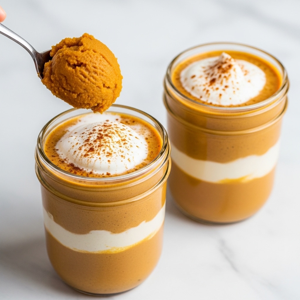 The image shows two glass jars filled with a creamy orange-brown pumpkin spice drink topped with a white dollop of whipped cream sprinkled with light brown spice powder. A metal spoon holds a scoop of thick, light brown pumpkin puree above one jar. The jars sit on a white marbled textured surface. The drink layers are smooth and glossy, with the whipped cream adding a fluffy, soft texture on top. photo taken with an iphone --ar 4:5 --v 7